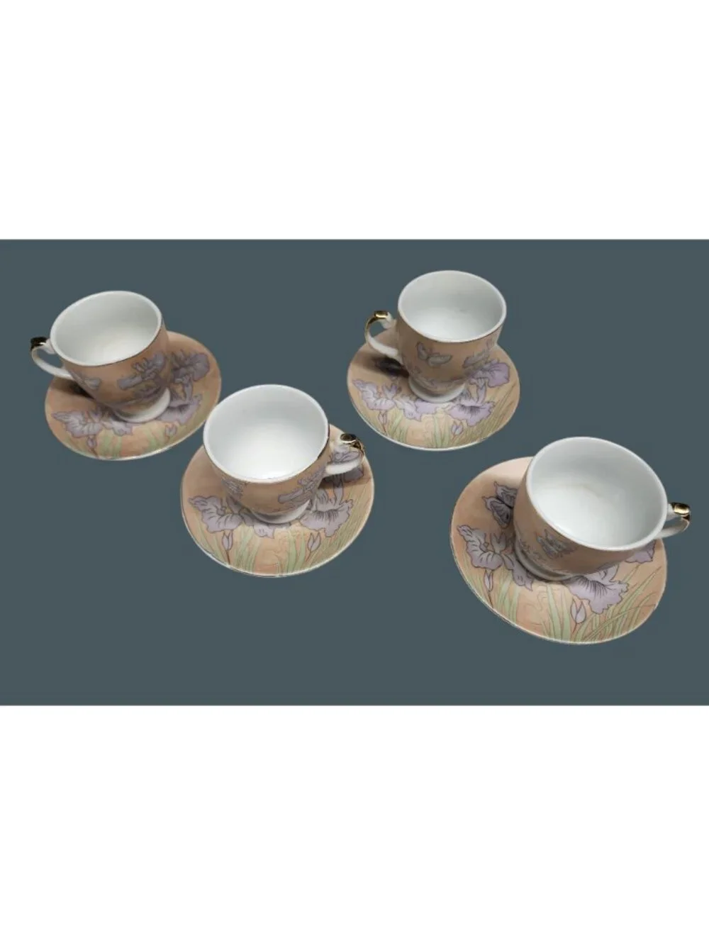 Demitasse Cups & Saucers Espresso Pink Purple Irises Butterflies 4 Sets